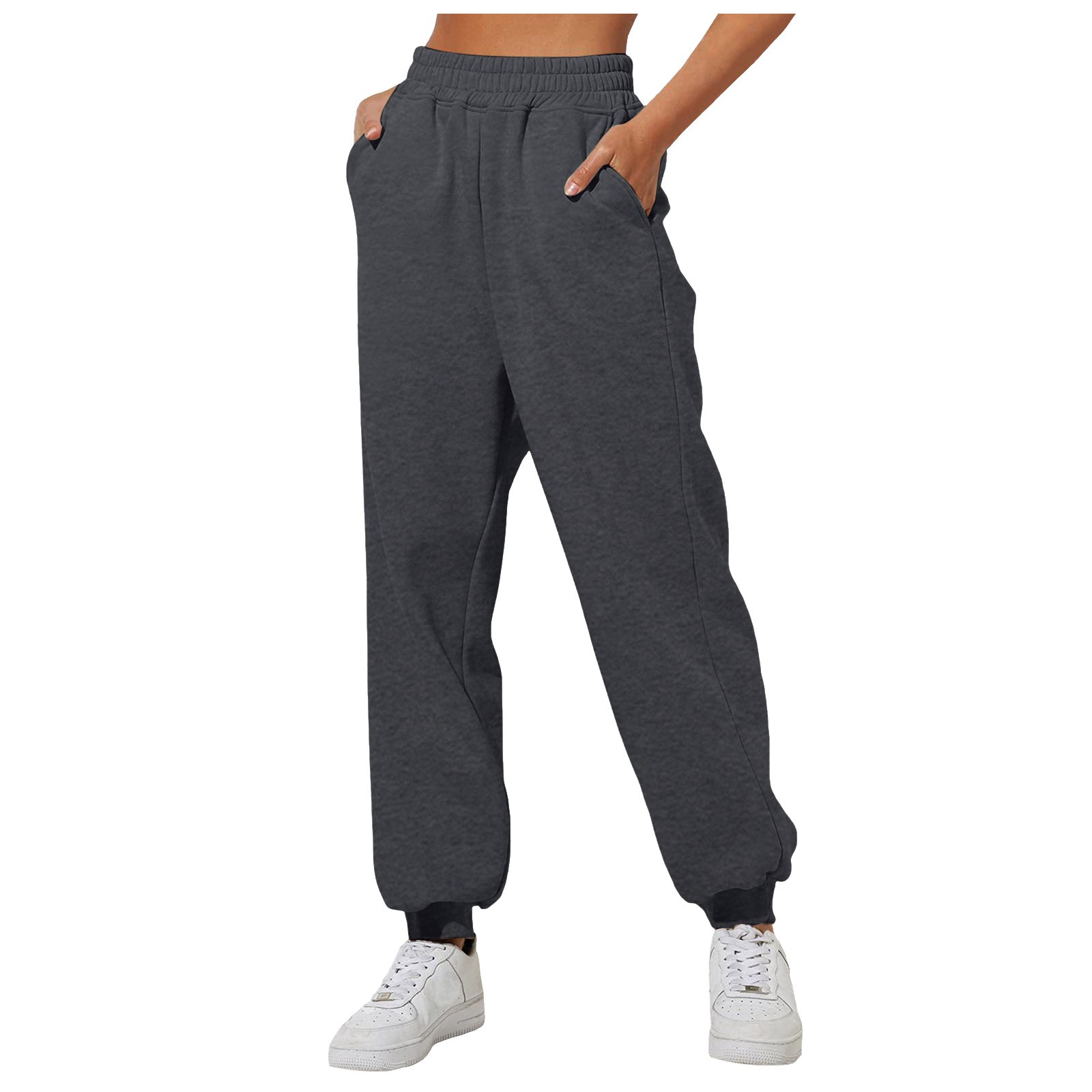 Pantalones de chándal con forro polar para mujer - Pantalones de yoga de cintura alta con bolsillos, material de poliéster, tallas S-XXXL